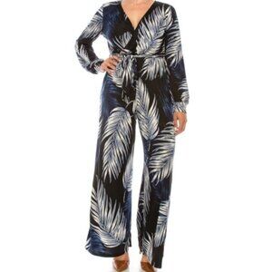 Janette Fashion Navy White Palm Leaves Bell Long Sleeve Plussize Jumpsuit